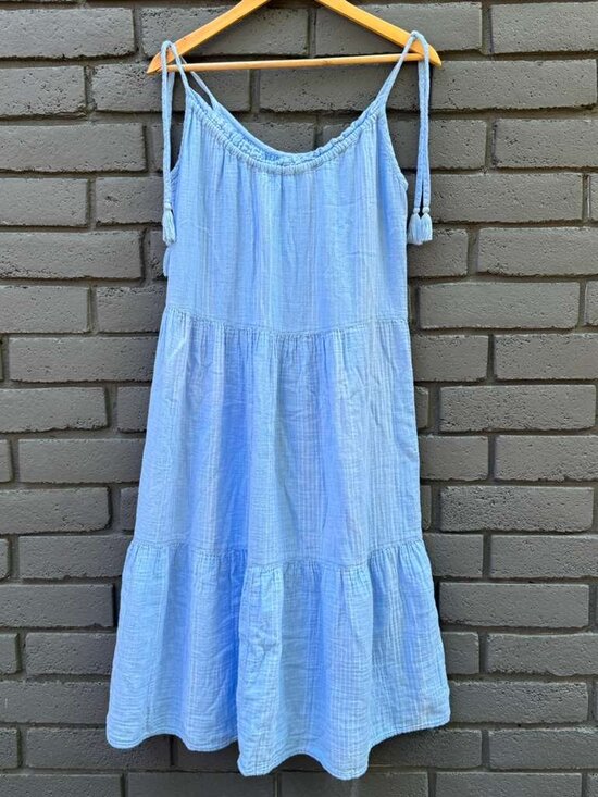Time and Tru Dresses & Skirts - Time & Tru Gauze Tropical Dress Maxi Sundress Boho Tassel Tiered Ruffle Blue L